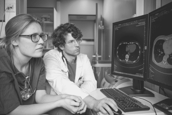 Radiologist and primary care physician reviewing images on the screen.
